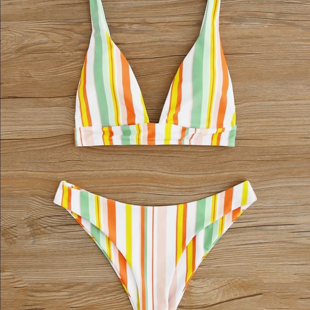 NEW Multi Colored Striped V Neck Bikini Swimsuit
